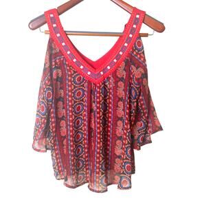 Womens Top Sz M Boho Hippie Festival Embroidered Semi Sheer Colorful Feminine
